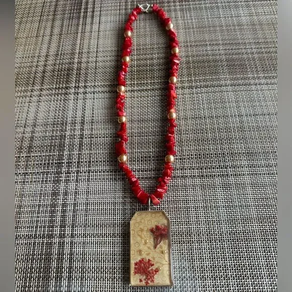 Red Coral & Pearl Pendant Necklace with Silver Tone Toggle Clasp.